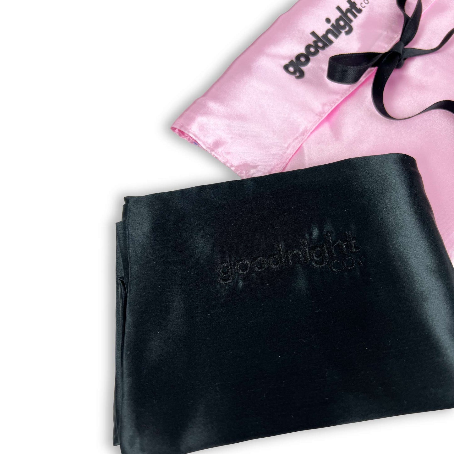 Black mulberry silk fabric with 'goodnight.com' branding embroidery
