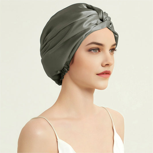Model wearing gray silk sleep bonnet – side view