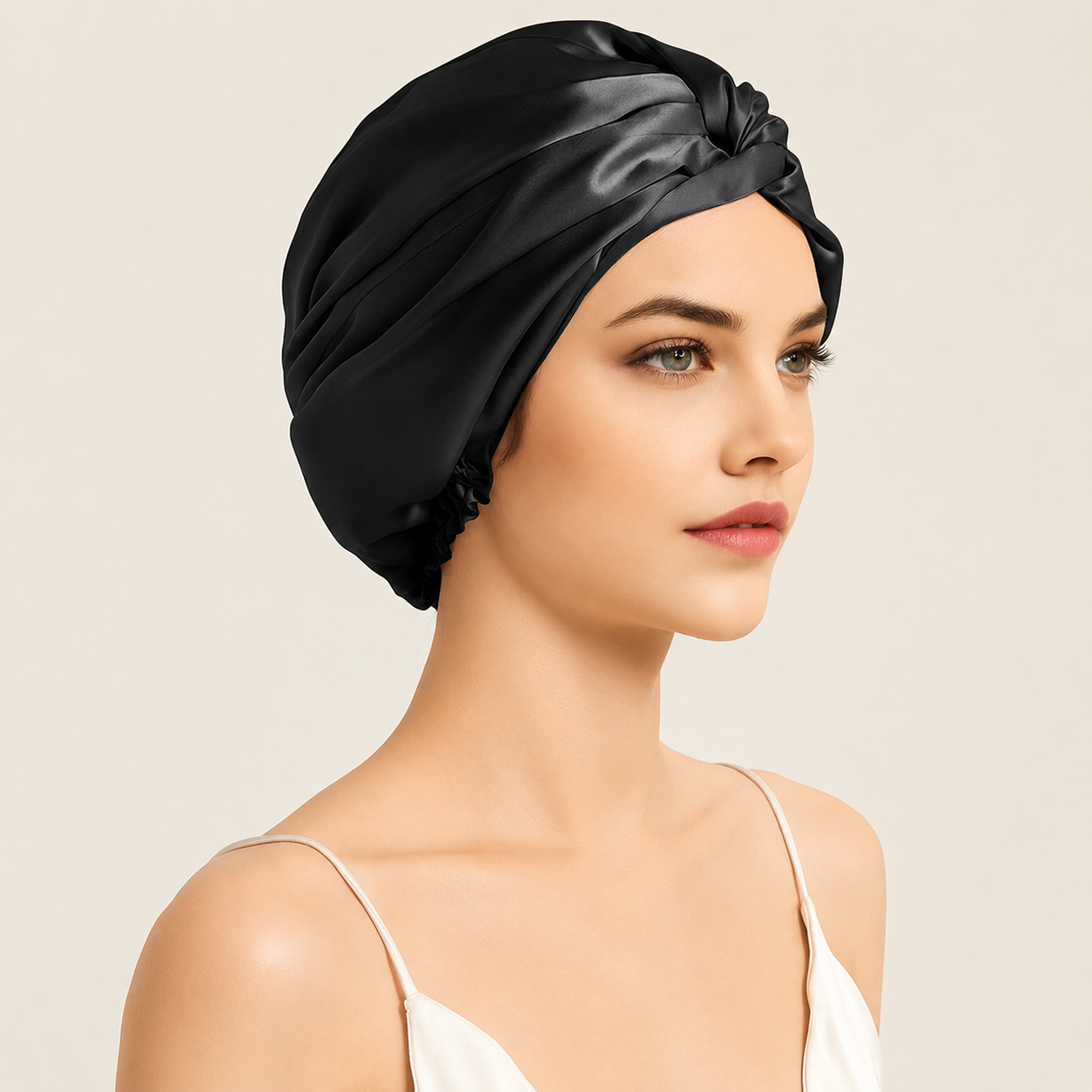 Woman wearing a Sapphire Night Mulberry Silk Sleep Turban designed to keep hair smooth, hydrated and protected while sleeping.