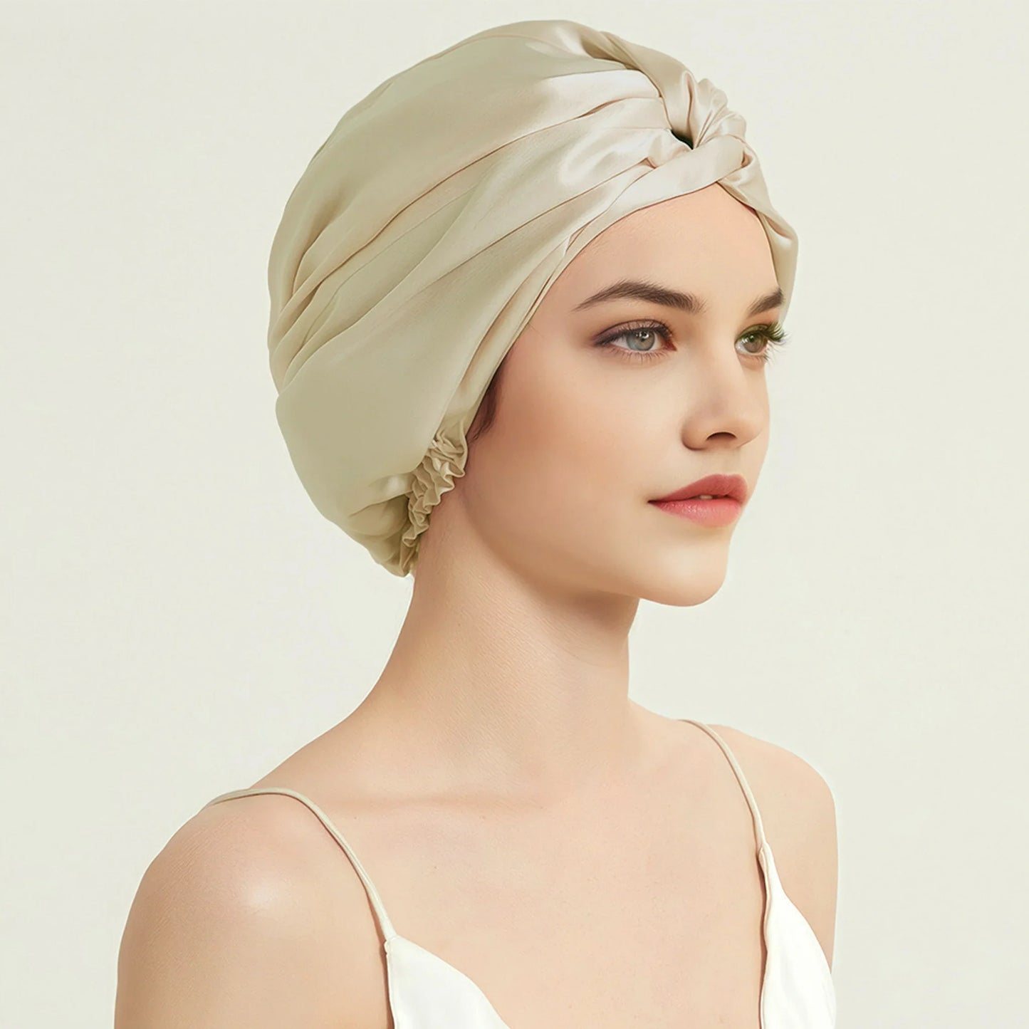 Sleeping silk cap – champagne double-layered silk on women