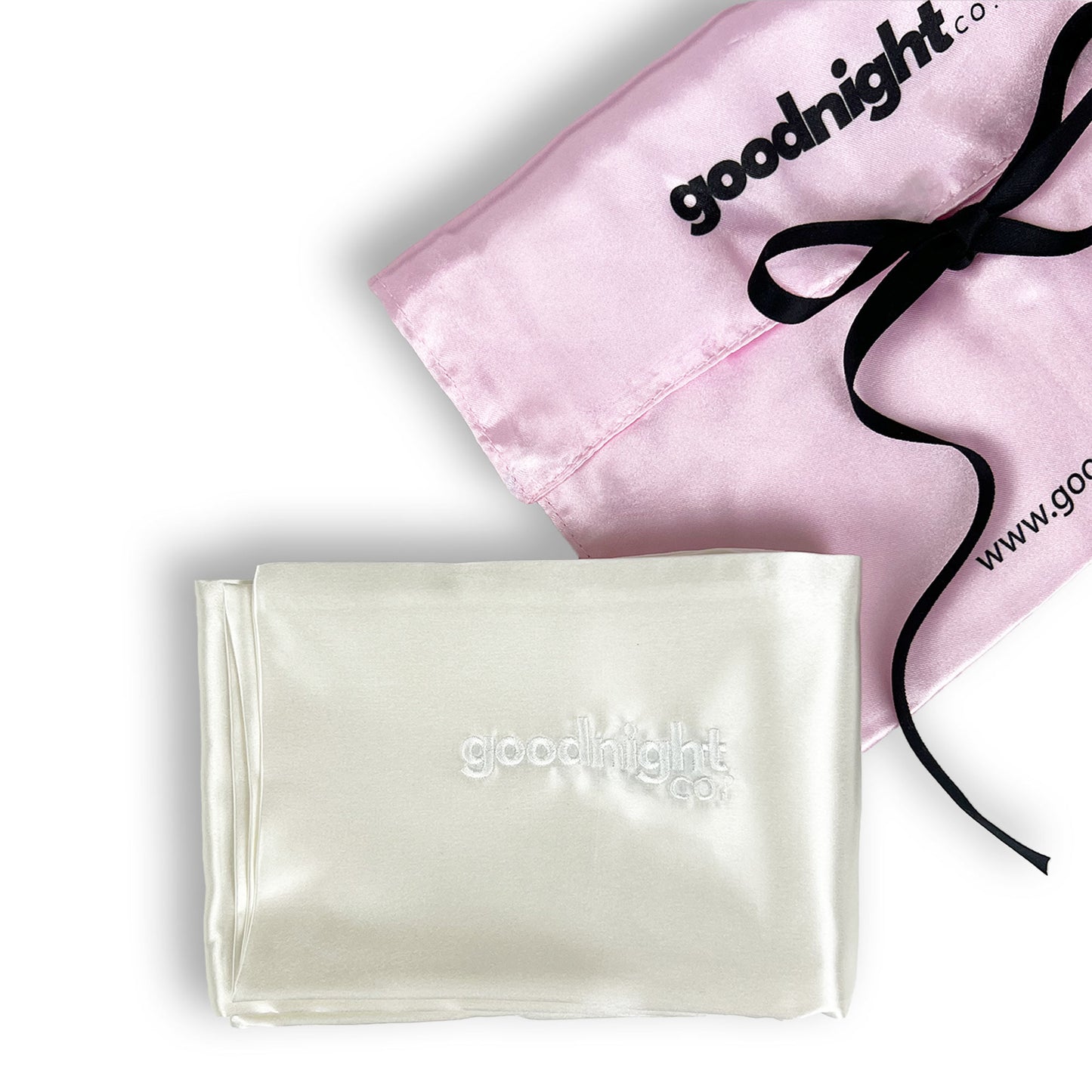 White silk pillowcase with GoodnightCo branding