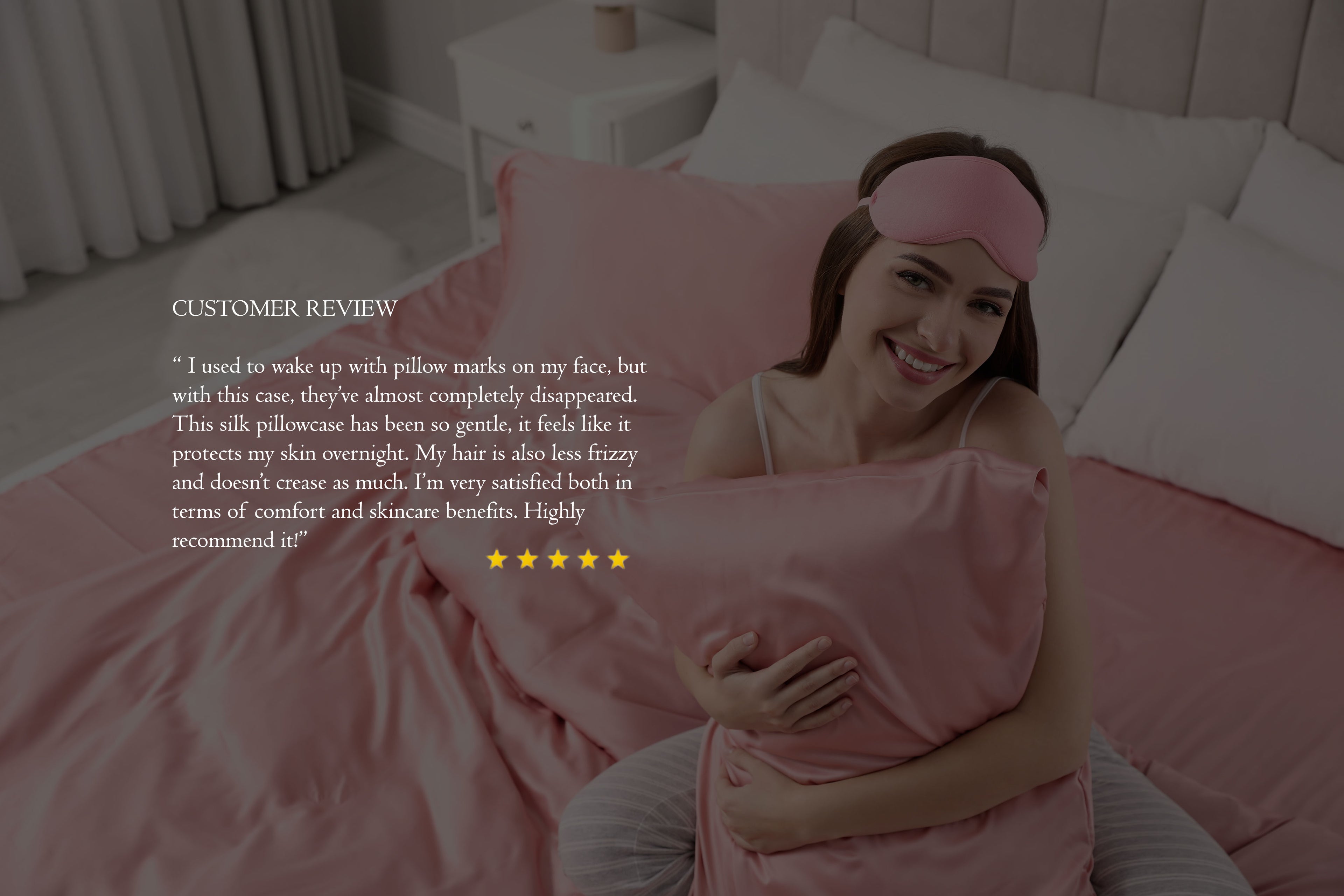 Woman holding a pink silk pillowcase with customer review