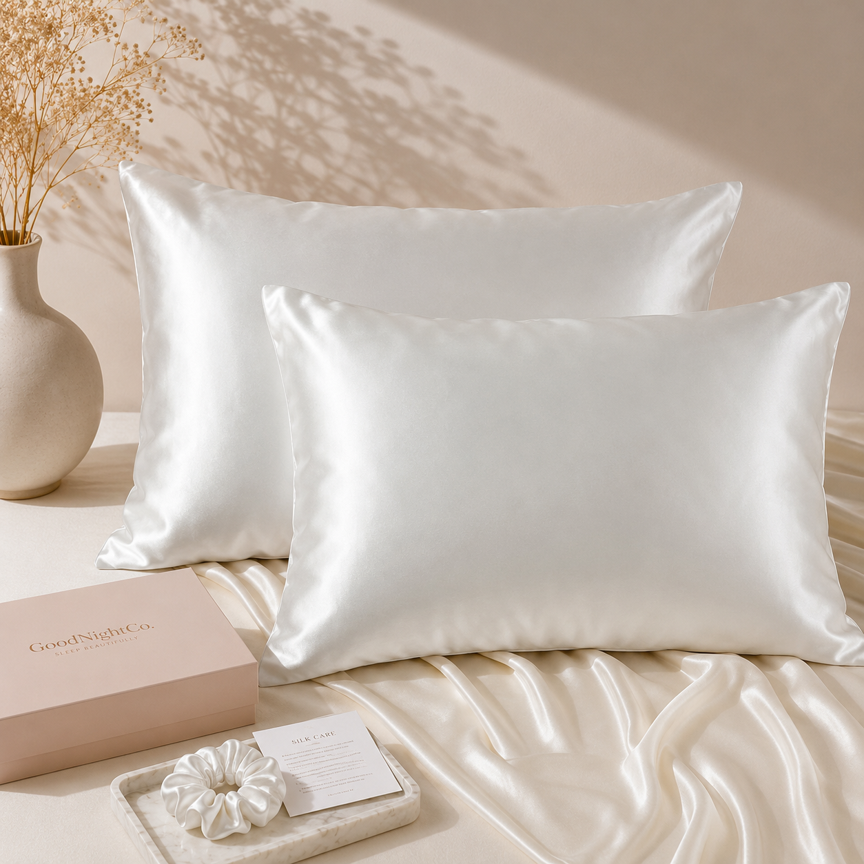 Twin pack of white 22 Momme mulberry silk pillowcases by Good Night Co. made from 100% pure 6A grade silk nz