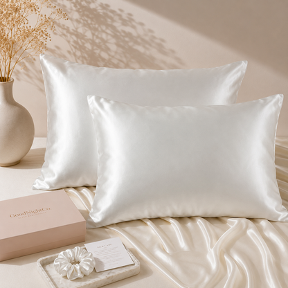 Twin pack of white 22 Momme mulberry silk pillowcases by Good Night Co. made from 100% pure 6A grade silk nz
