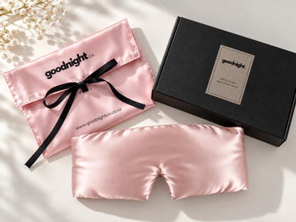 Blush Petal 3D Mulberry Silk Eye Mask with Goodnight Co. gift pouch and black gift box