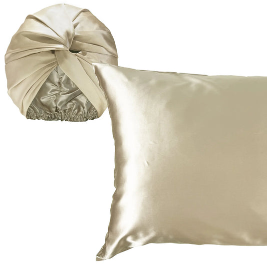 Champagne silk sleep cap and silk case pillow bundle