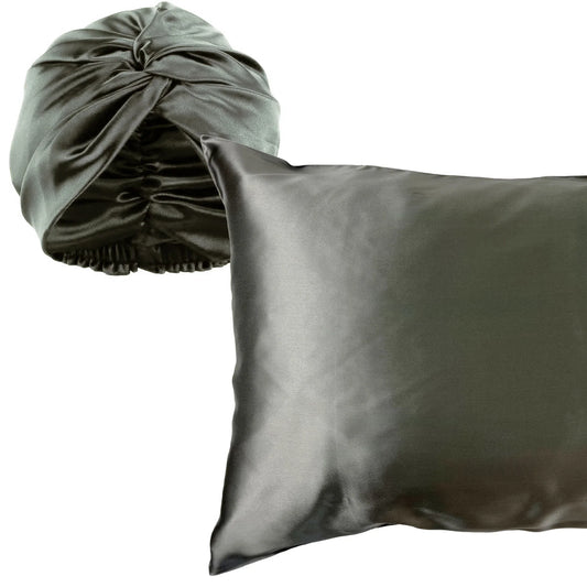 Charcoal grey sleeping silk cap and pillow silk case combo