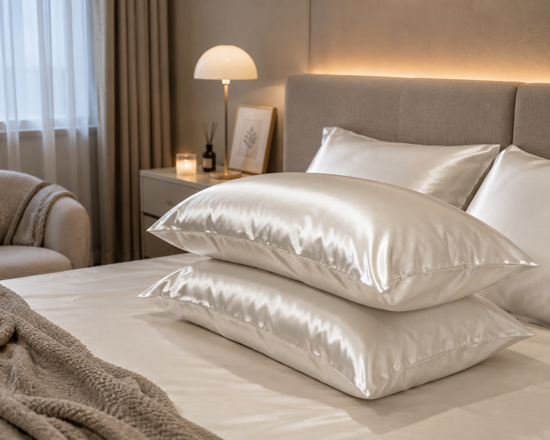 Twin Pack Mulberry Silk Pillowcases in a luxury bedroom setting