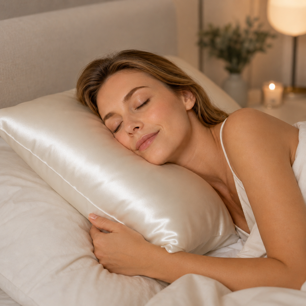 Woman sleeping peacefully on a white mulberry silk pillowcase in a luxury bedroom