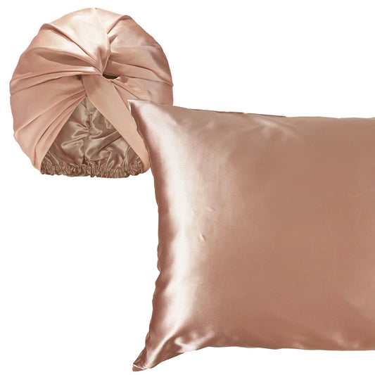 Matching silk sleep set – rose gold bonnet and pillowcase

