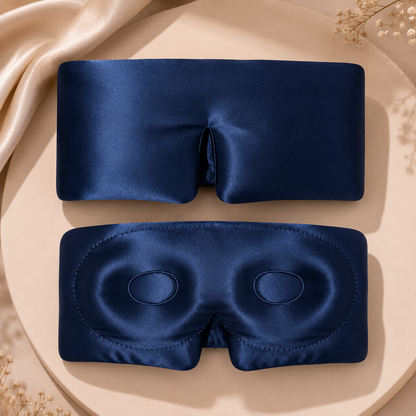 Midnight Luxe black 3D Mulberry Silk Eye Mask with ergonomic eye cups, complete blackout design, and breathable 100% Mulberry Silk.