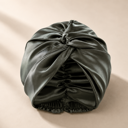 Midnight Luxe Mulberry Silk Sleep Turban for luxurious overnight hair care and frizz reduction.