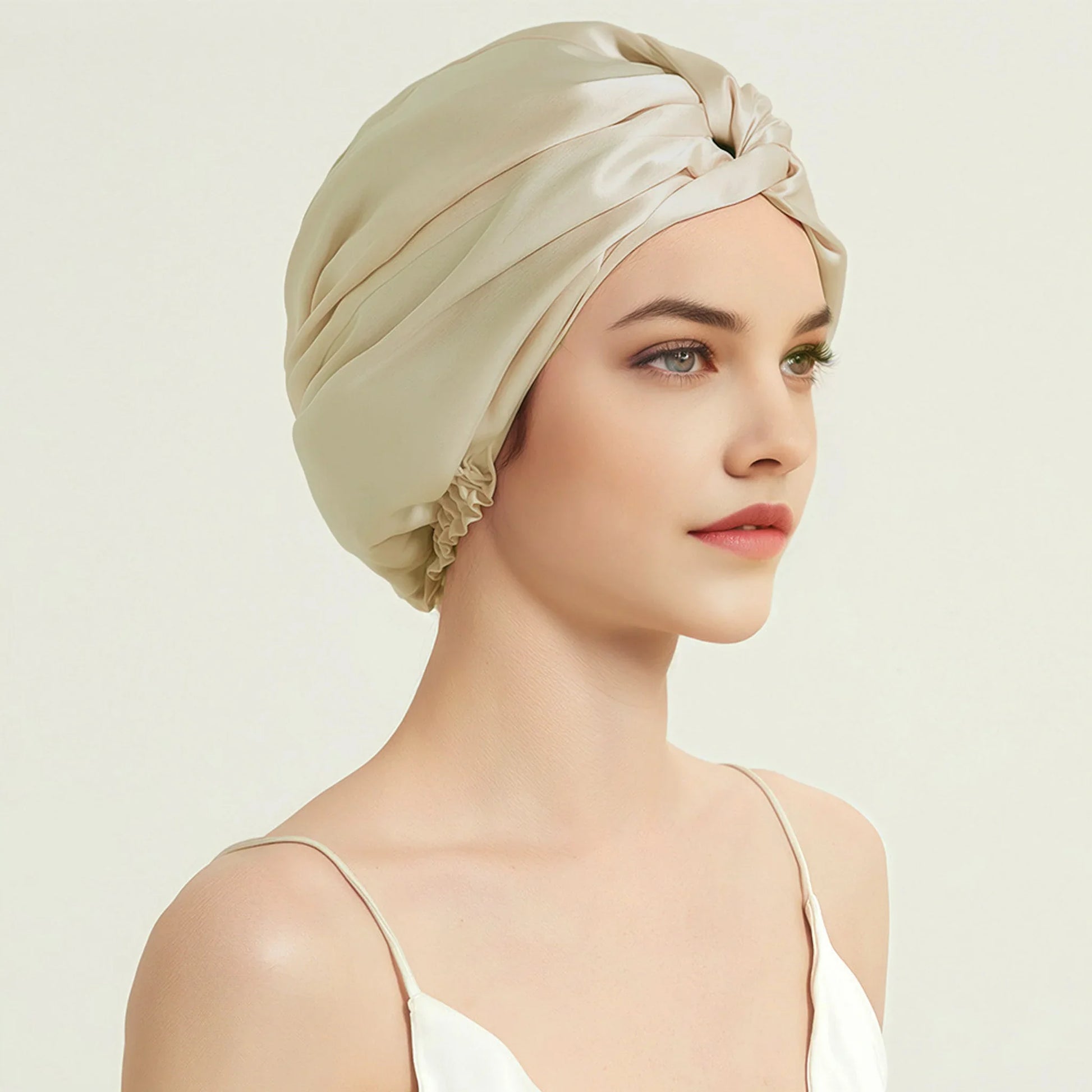 Sleeping silk cap – champagne double-layered silk on women