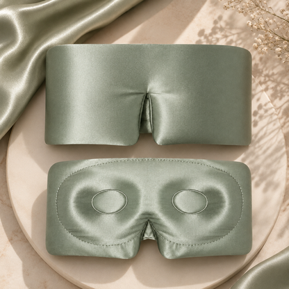 Willow Mist 3D Mulberry Silk Eye Mask featuring a contoured design, adjustable strap, and premium 22 Momme silk for deeper, more comfortable sleep.
