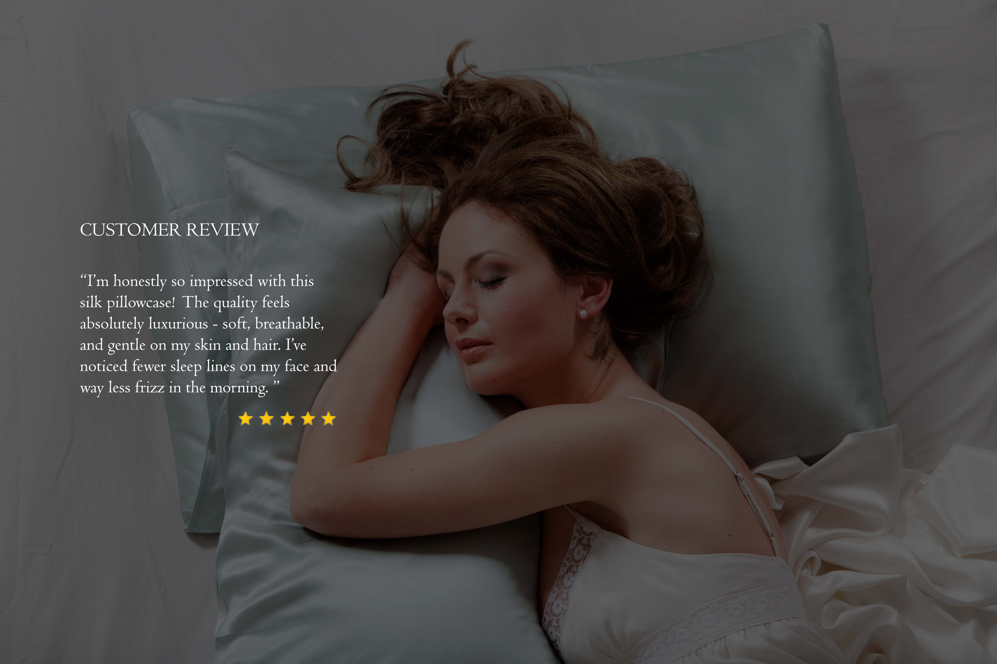 Woman sleeping on a silk pillow with a customer review
