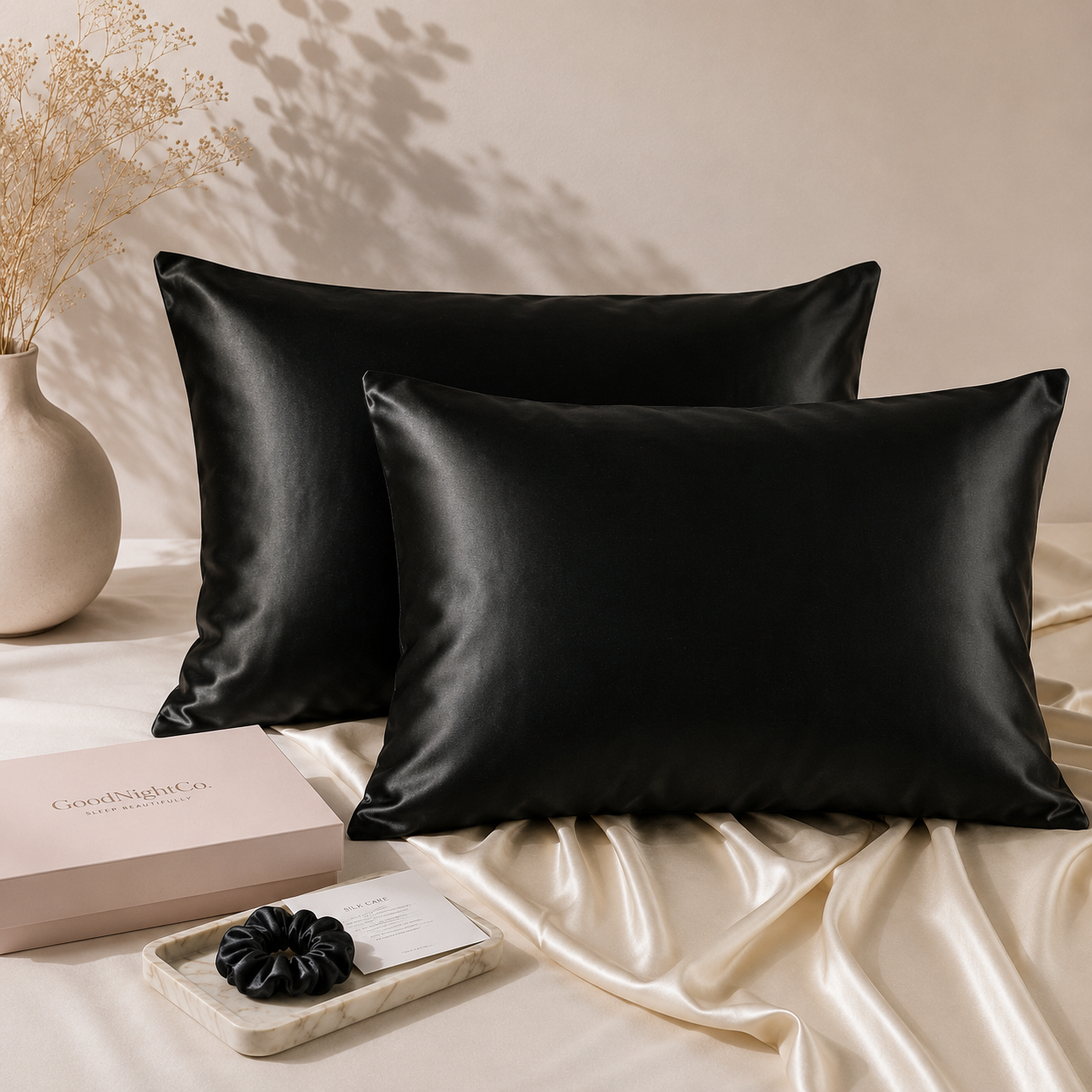 Black twin pack silk pillowcases made from premium 6A grade mulberry silk with a smooth glossy finish nz