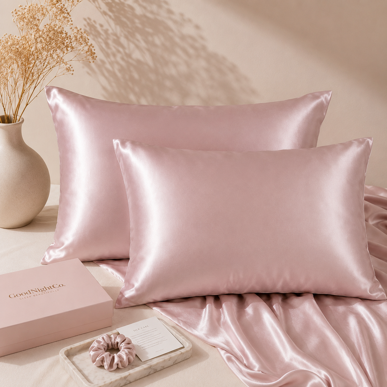 Pink twin pack silk pillowcases made from premium 22 Momme mulberry silk for smoother hair and skin nz