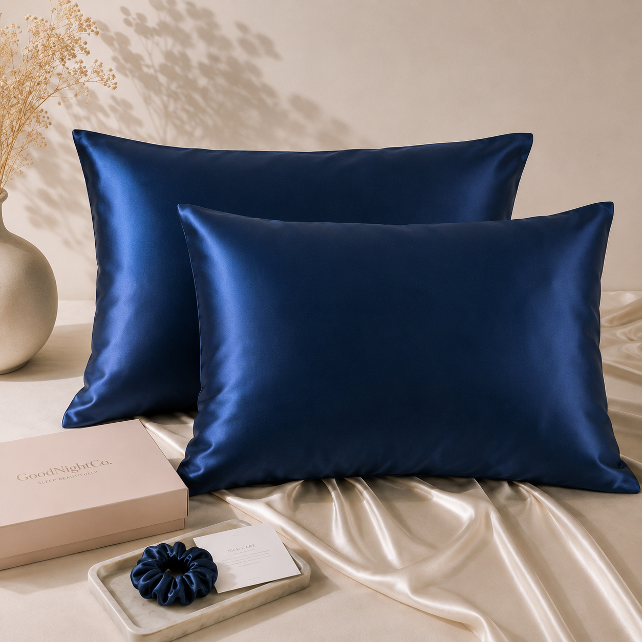 Naby blue twin pack mulberry silk pillowcases in deep navy blue, 100% 22 Momme silk nz
