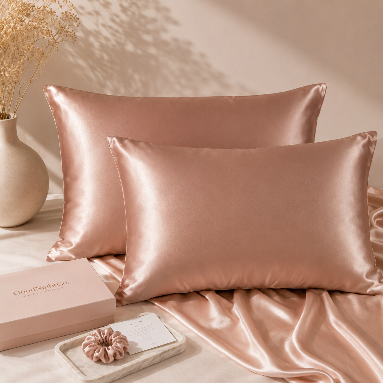 Twin pack Rose Gold Glow mulberry silk pillowcases crafted from 100% 22 Momme 6A grade silk nz